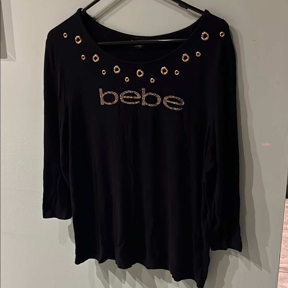Bebe Black Embellished Blouse with 3/4 Sleeves